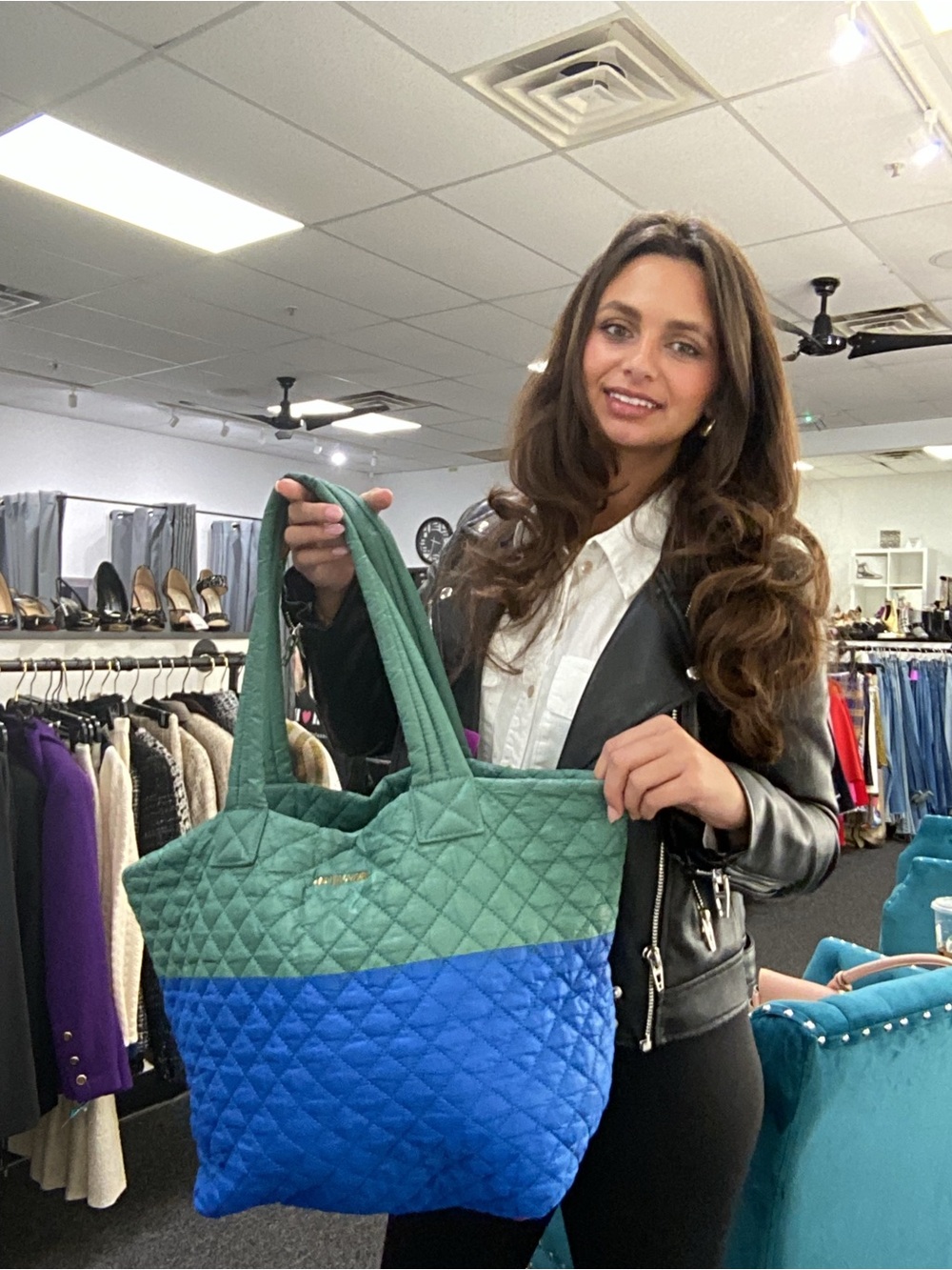 Pre Owned MZ Wallace Large Quilted Nylon Green & Blue Travel Tote Bag.